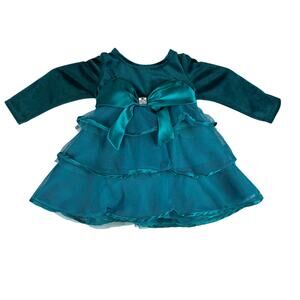 Sweet Heart Rose Baby Dress 18 Month Green Velvet Satin Sparkle Tulle Ruffle Bow